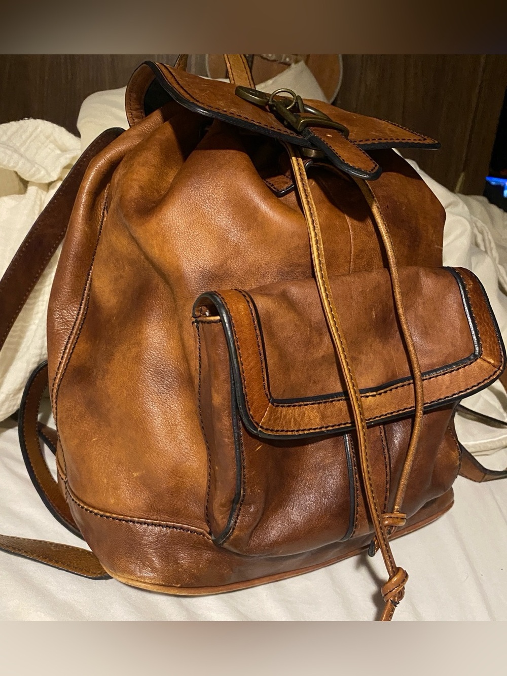 FOSSIL Vintage Reissue women's brown leather distressed backpack bag drawstring - Picture 9 of 16